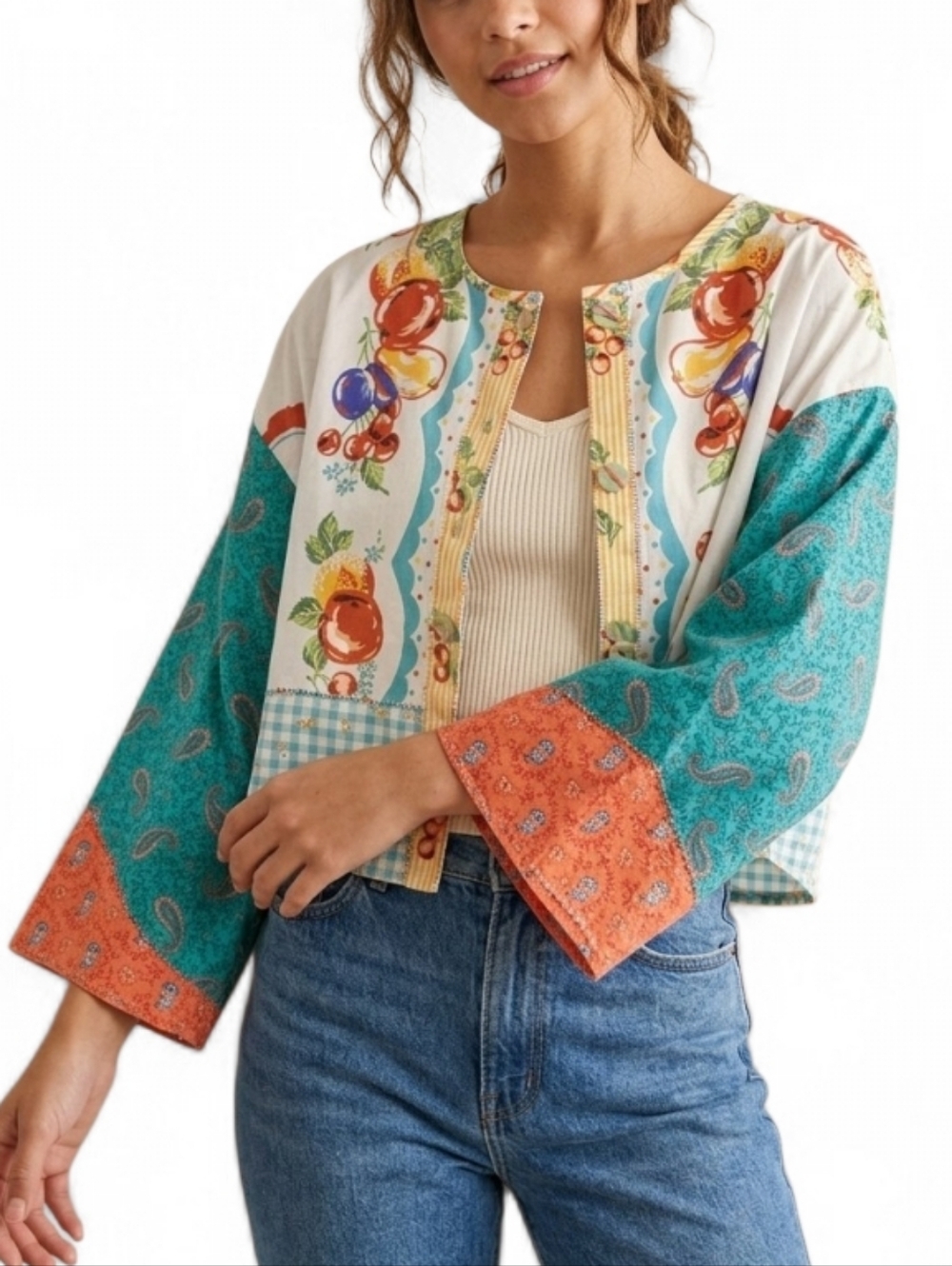 Vintage Handcrafted Mixed Media Patchwork Fruit Print Cropped Top